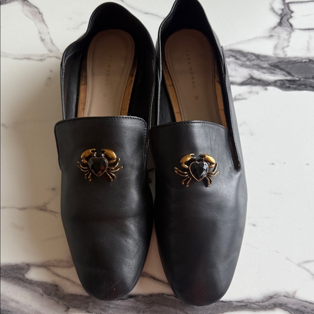 Zara Black Leather Flats with Gold Crab Accent